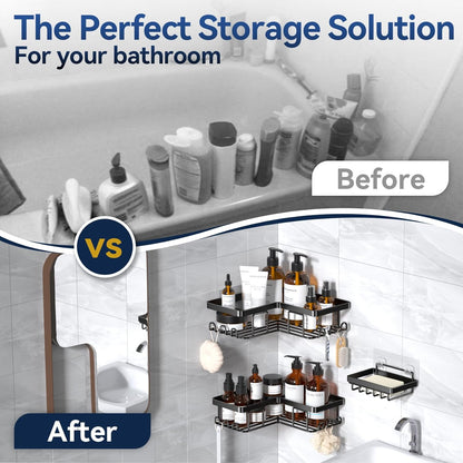 Corner Shower Caddy, 3-Pack Adhesive Shower Caddy with Soap Holder and 12 Hooks, Rustproof Stainless Steel Bathroom Shower Organizer, No Drilling Wall Mounted Shower Rack, for Bathroom, Black