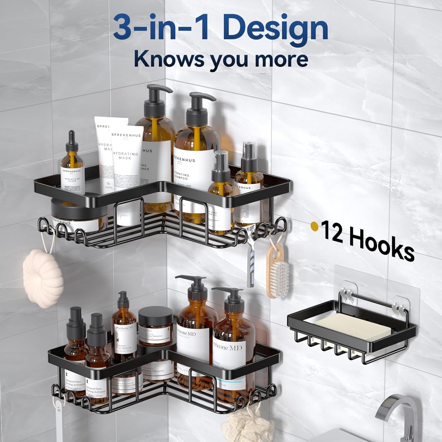 Corner Shower Caddy, 3-Pack Adhesive Shower Caddy with Soap Holder and 12 Hooks, Rustproof Stainless Steel Bathroom Shower Organizer, No Drilling Wall Mounted Shower Rack, for Bathroom, Black