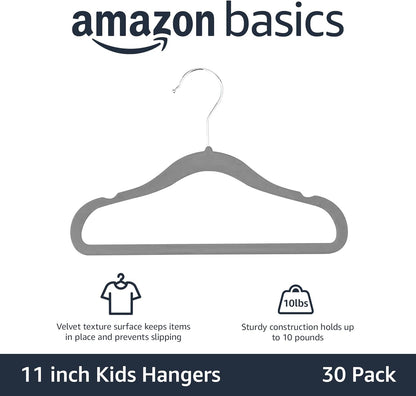Non-Slip Velvet Clothes Hangers for Kids, Gray - Set of 30