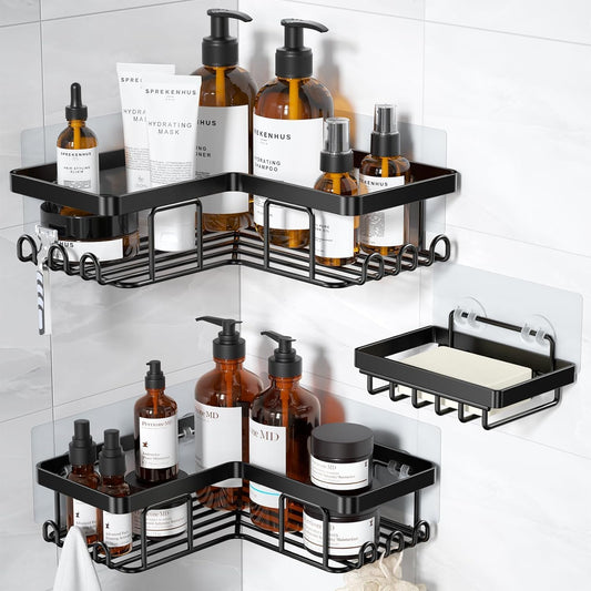 Corner Shower Caddy, 3-Pack Adhesive Shower Caddy with Soap Holder and 12 Hooks, Rustproof Stainless Steel Bathroom Shower Organizer, No Drilling Wall Mounted Shower Rack, for Bathroom, Black